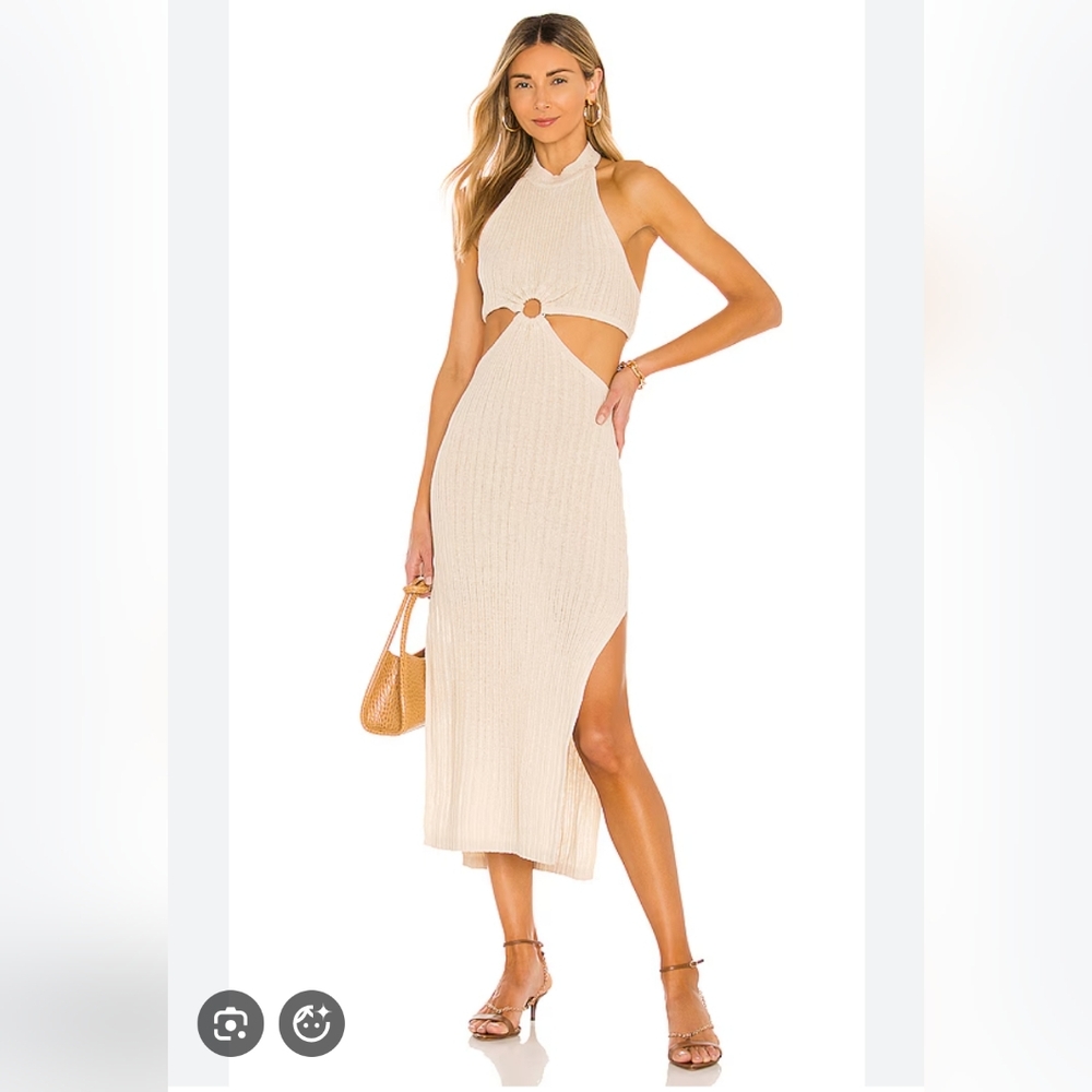 L'Academie Cream Halter Cutout Ribbed Midi Dress Size Small